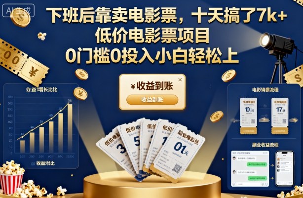 下班后靠卖电影票，十天搞了7k+，低价电影票项目，0门槛0投入小白轻松上手【揭秘】-摇钱述