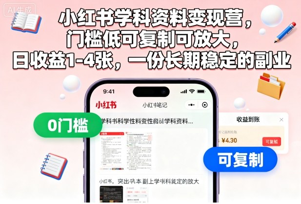 小红书学科资料变现营，门槛低可复制可放大，日收益1-4张，一份长期稳定的副业-摇钱述