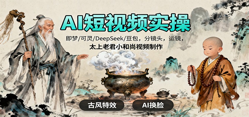 AI短视频实操，即梦/可灵/DeepSeek/豆包，分镜头，运镜，太上老君小和尚视频制作-摇钱述