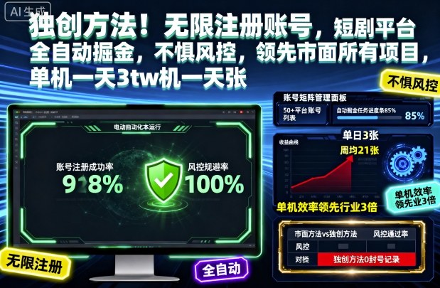 独创方法！无限注册账号，短剧平台全自动掘金，不惧风控，领先市面所有项目，单机一天3张【揭秘】-摇钱述