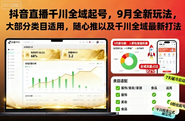 抖音直播千川全域起号，9月全新玩法，大部分类目适用，随心推以及千川全域最新打法-摇钱述