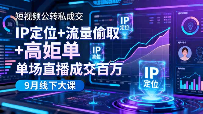 短视频公转私成交9月线下大课，IP定位+流量偷取+高客单，单场直播成交百万-摇钱述
