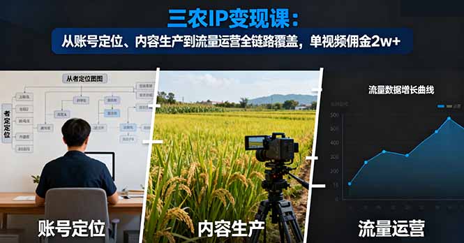 三农IP变现课：从账号定位、内容生产到流量运营全链路覆盖，单视频佣金2w+-摇钱述