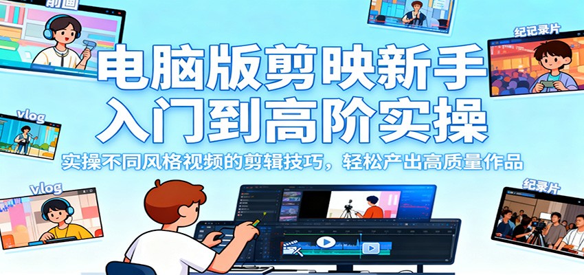 电脑版剪映新手入门到高阶实操,实操不同风格视频的剪辑技巧,轻松产出高质量作品-摇钱述