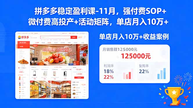 拼多多稳定盈利课-11月，强付费SOP+微付费高投产+活动矩阵，单店月入10w+-摇钱述